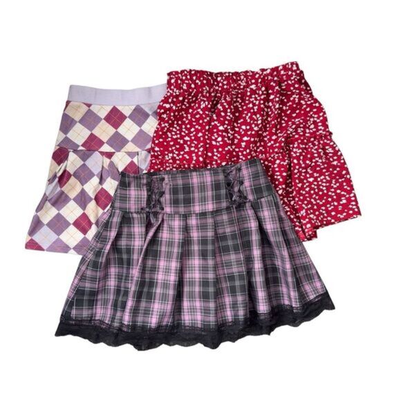 Lot Of 3 Shein & Romwe Women's Pleated & Tiered Mini Skirt Bundle Purple Red M/L - Picture 1 of 10